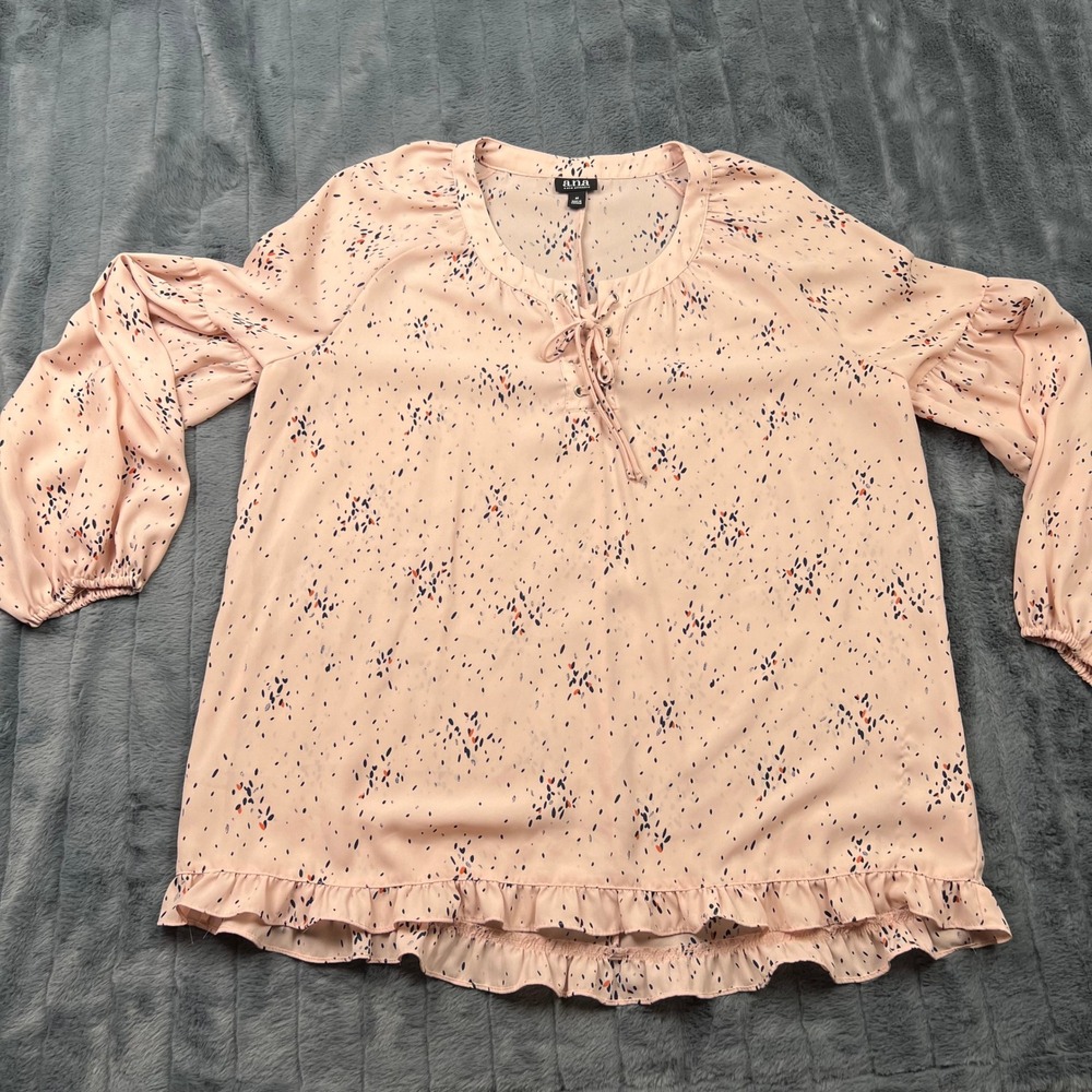 ana A New Approach Pink Speckle Print Lace Up Ruffle Hem Blouse Medium